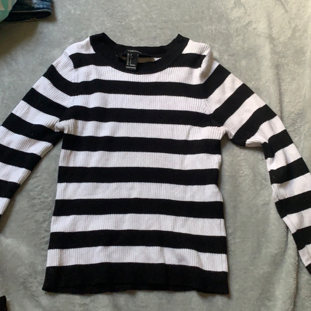 Black and white striped knit tight sweater